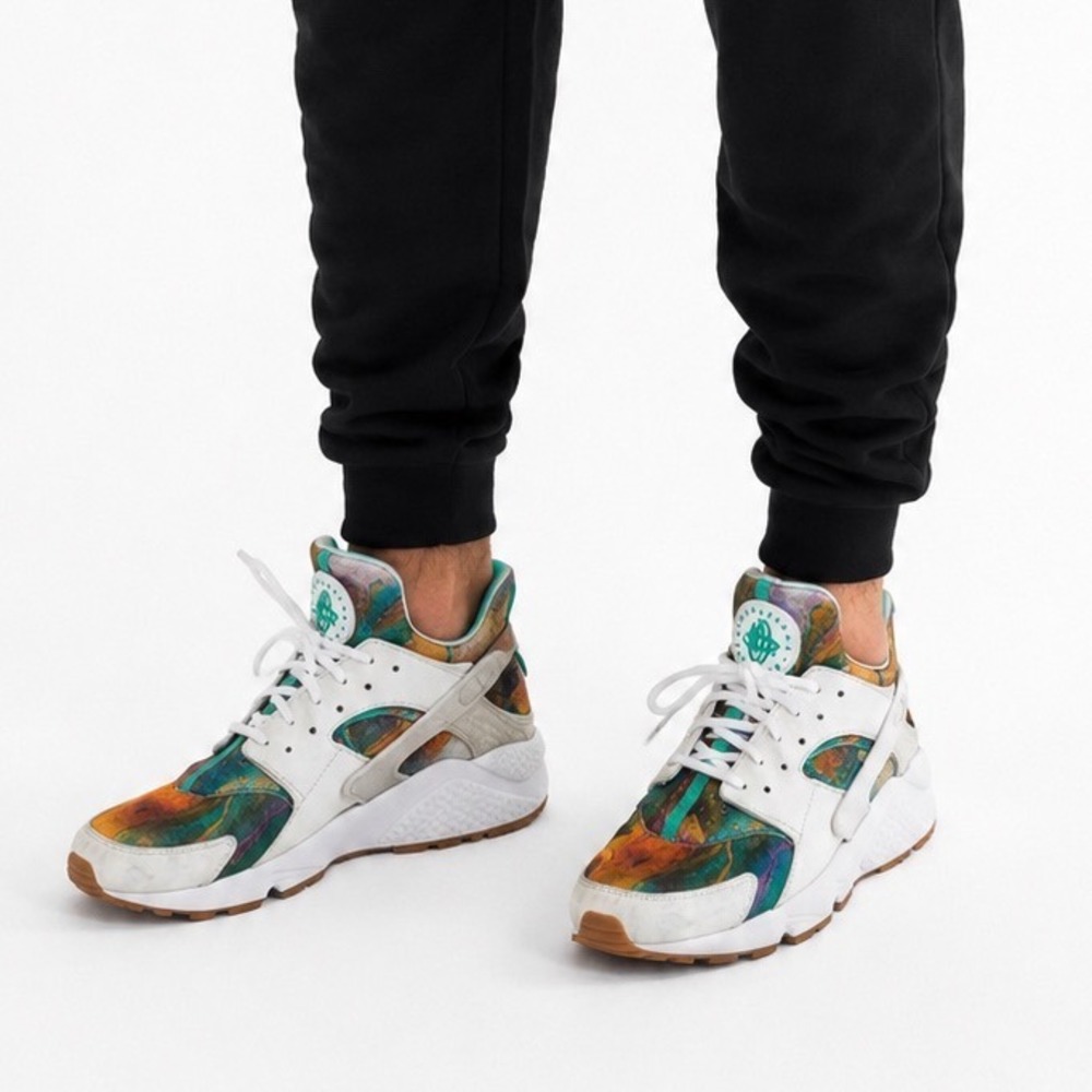 Nike Air Huarache Run White Multi-Color Teal Swirl Mens Sneakers size 12